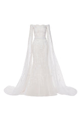 Royal mermaid lace wedding dress with bell sleeves