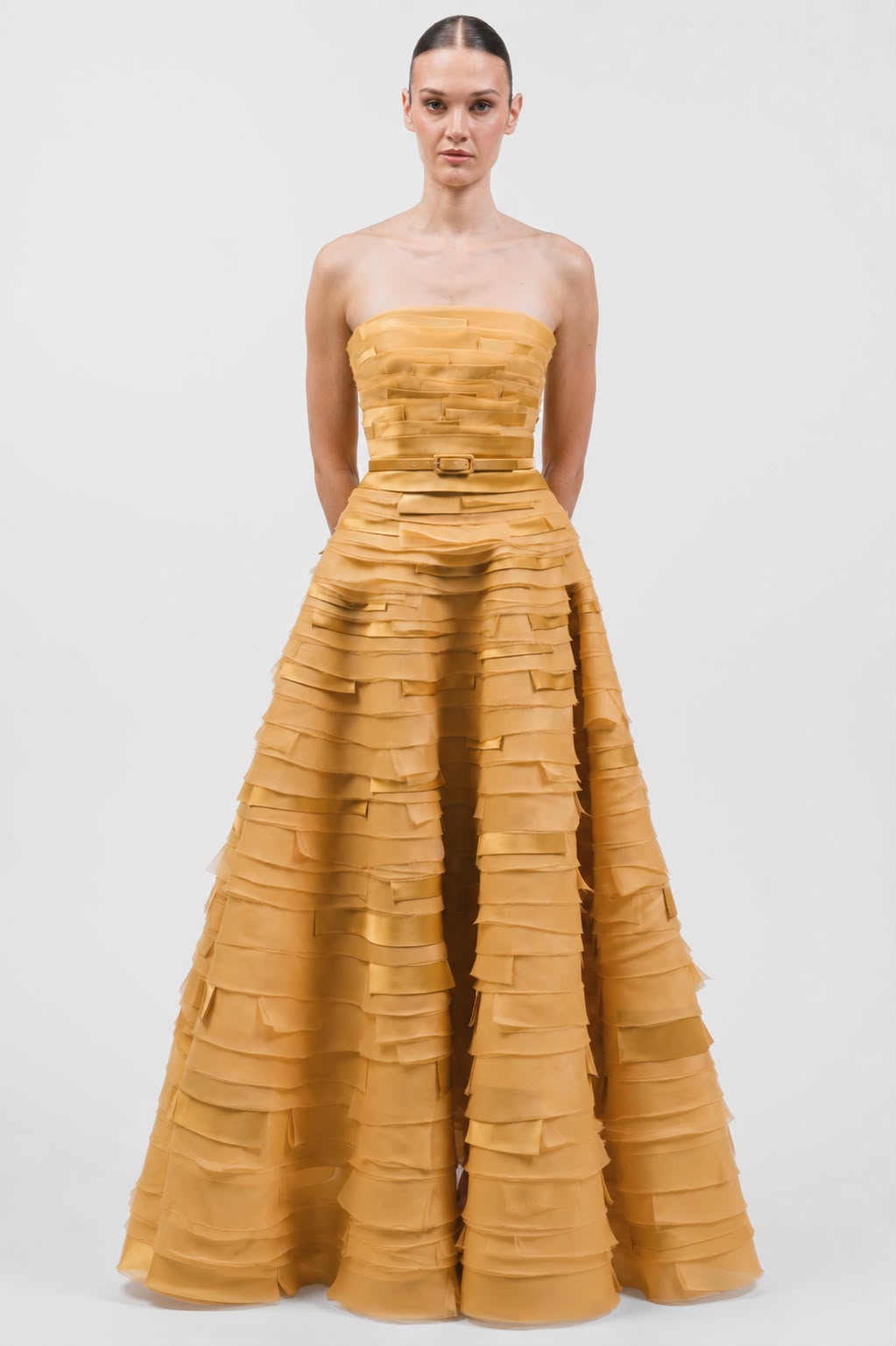Strapless Full-Length Gown With Multi-Layered Geometric Panelling