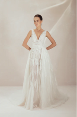 Fully Beaded Mermaid Wedding Gown With Asymmetric Voluminous Overskirt