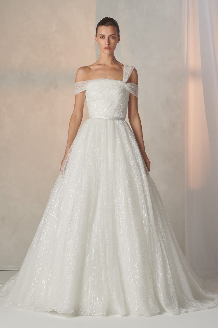 Shimmery Off Shoulder Tulle Wedding Dress