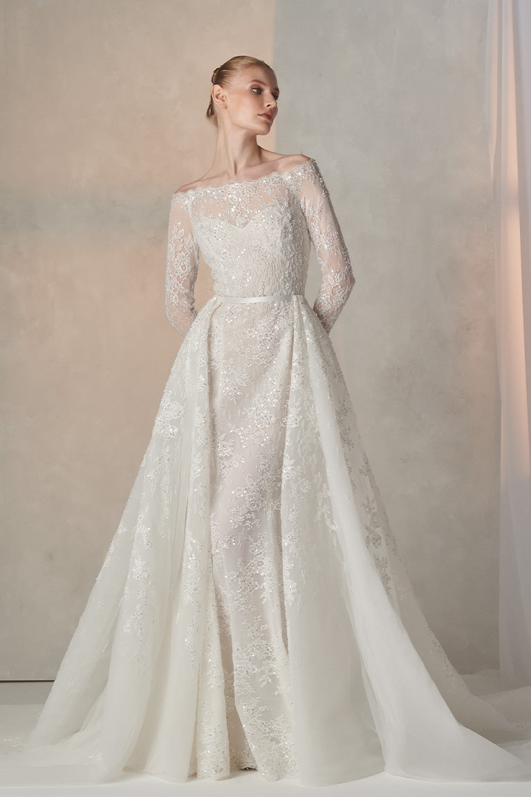 Fully Beaded Mermaid Lace Wedding Dress, With Big Volume Overskirt