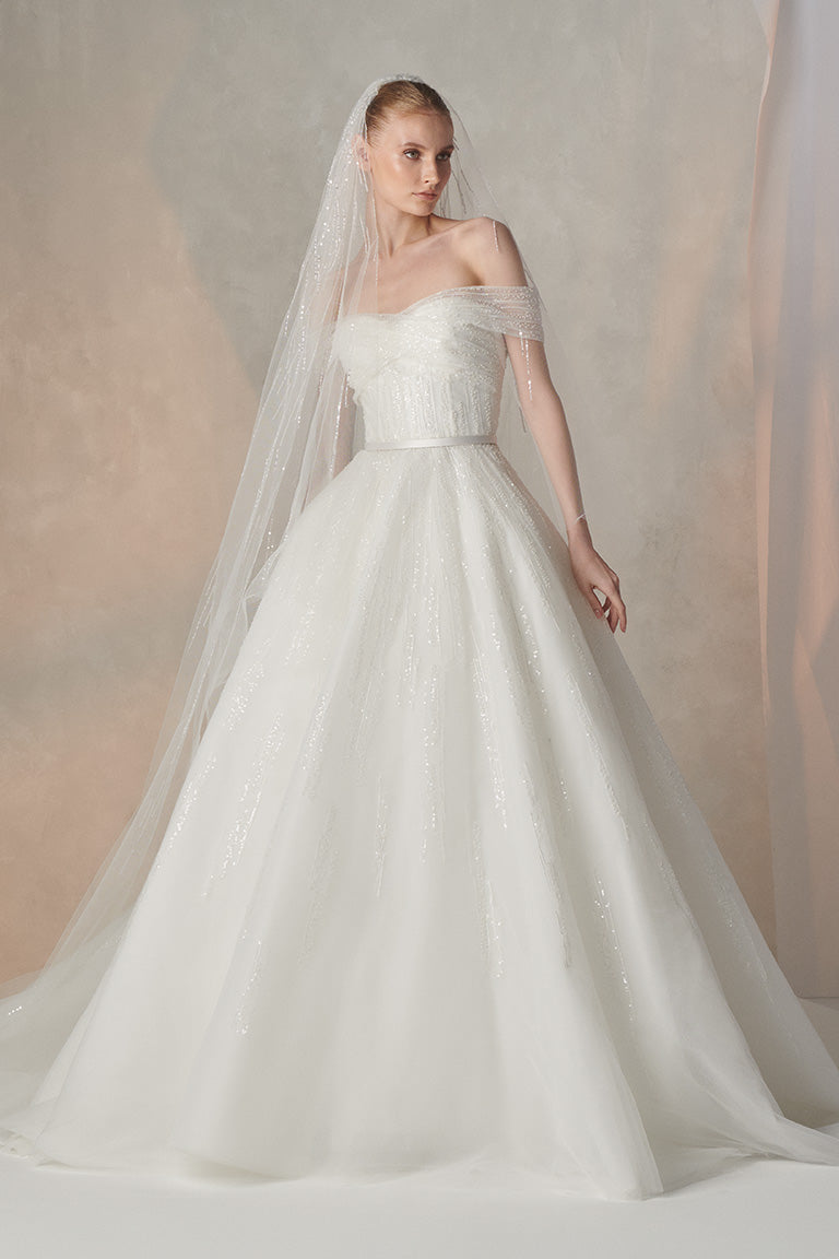 Shimmery Off Shoulder Volume Wedding Dress