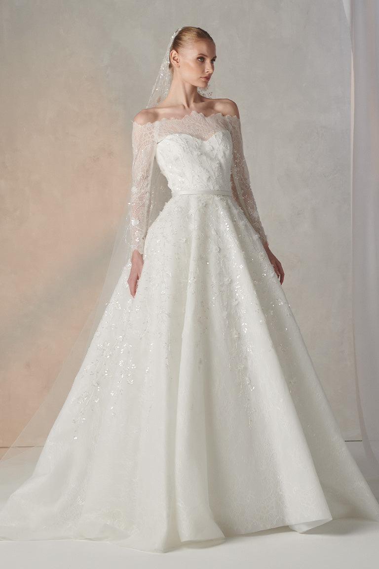 Long Lace Sleeves Volume Wedding Dress
