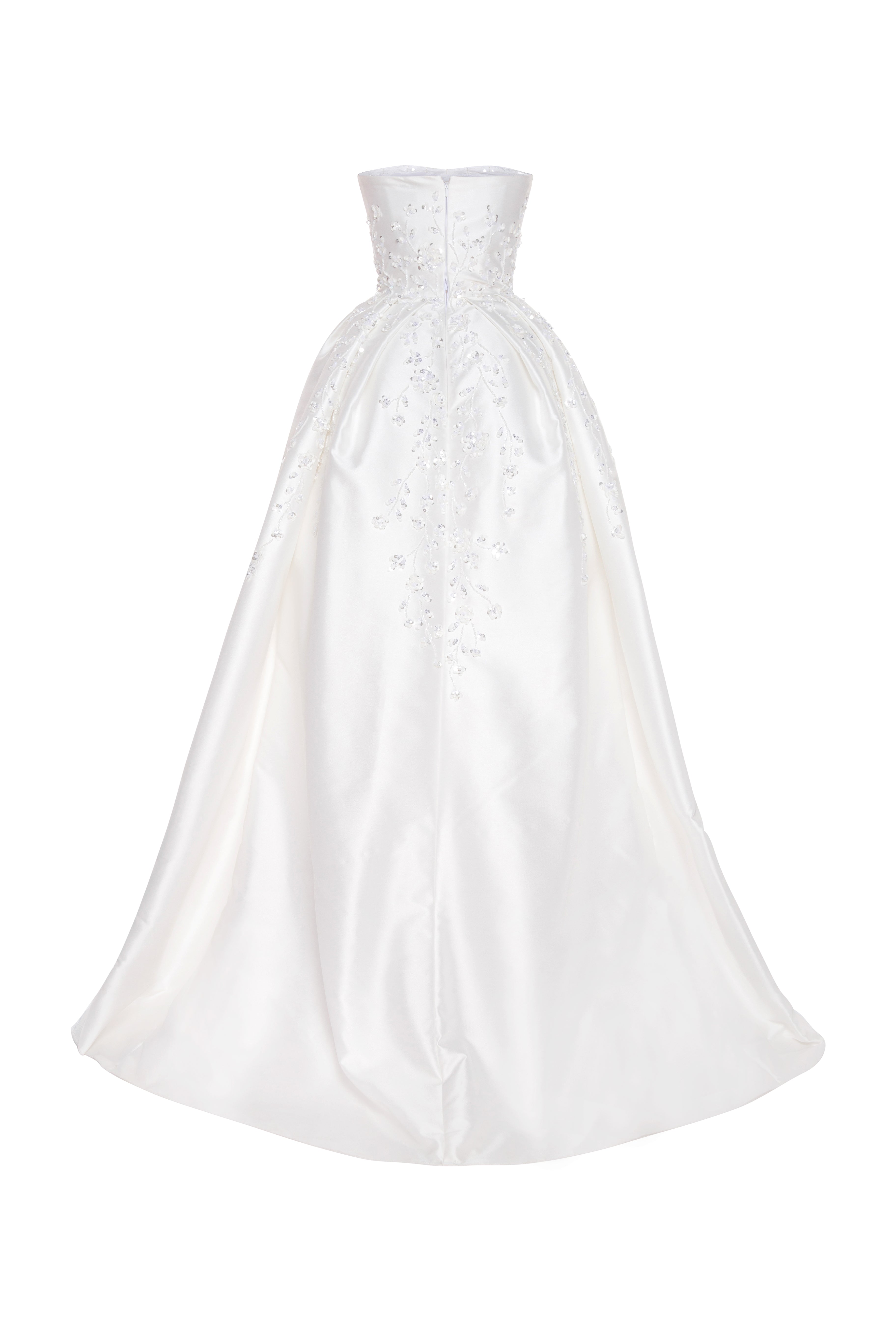 Strapless beaded satin wedding dress with slit skirt