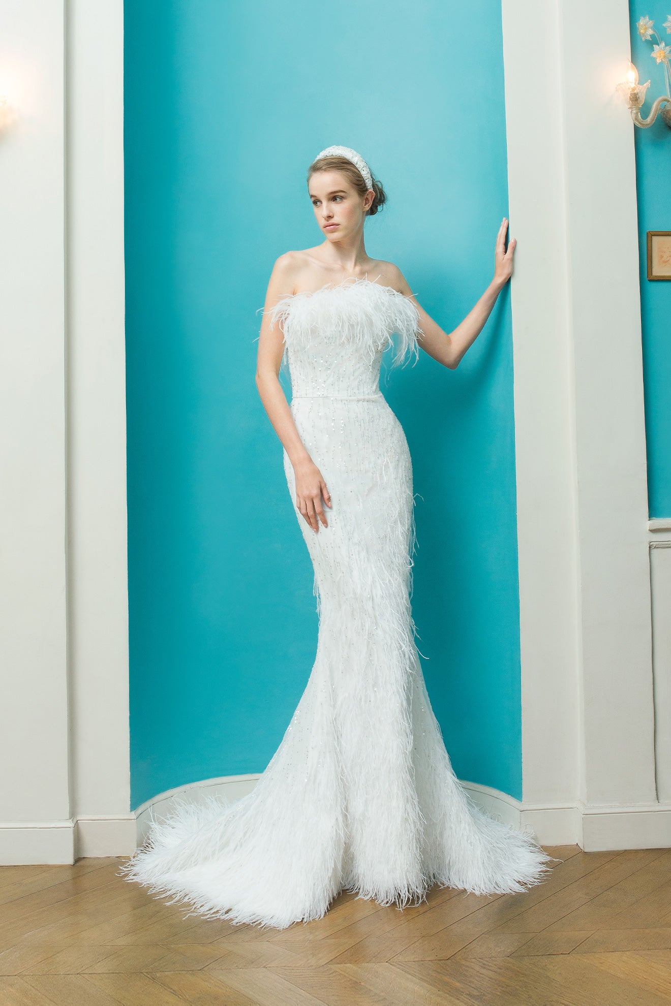 fully embellished feather and beads mermaid wedding dress