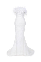 Strapless mermaid wedding dress with hemmed feathers