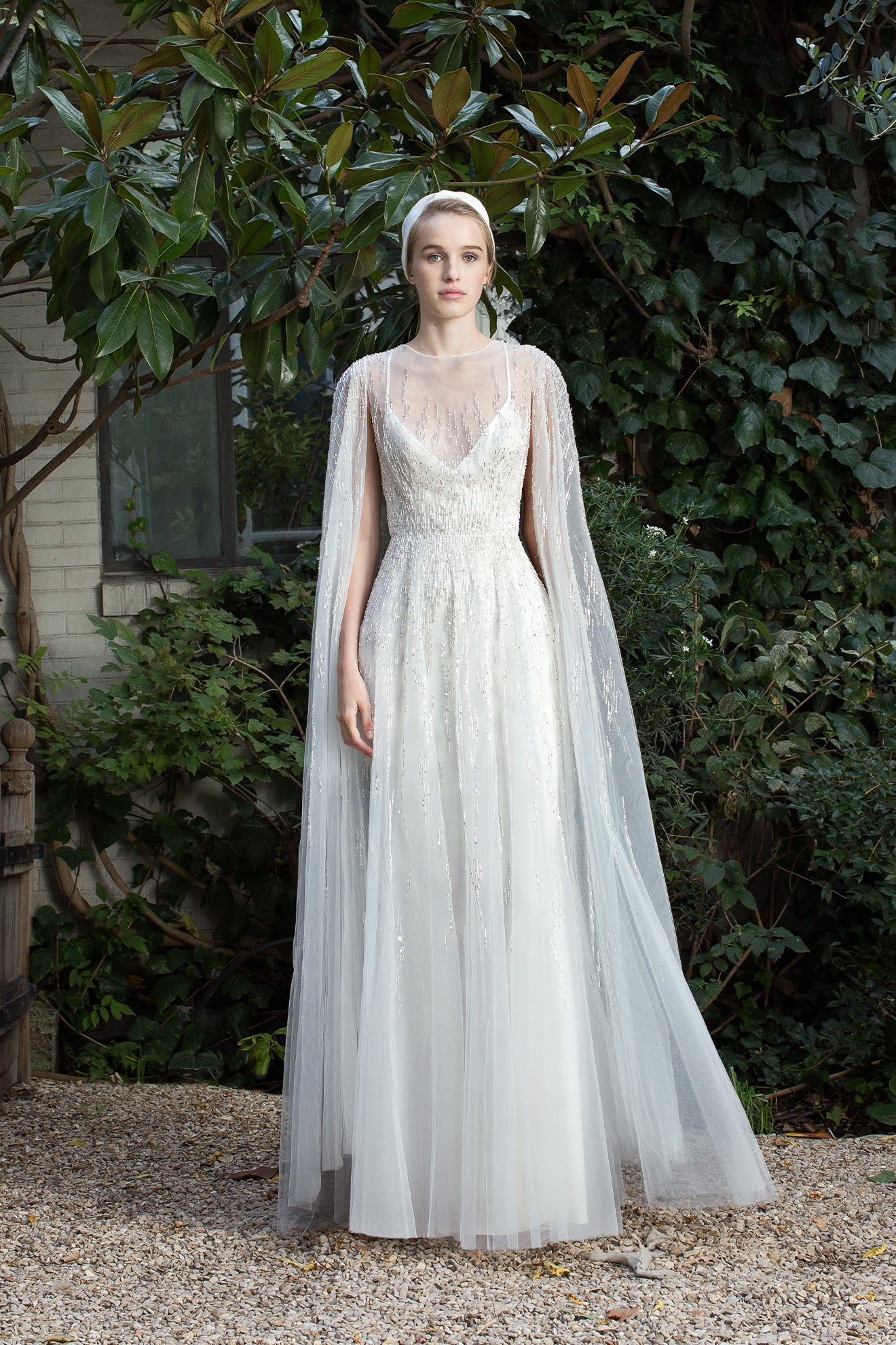 fully embellished cape tulle wedding dress
