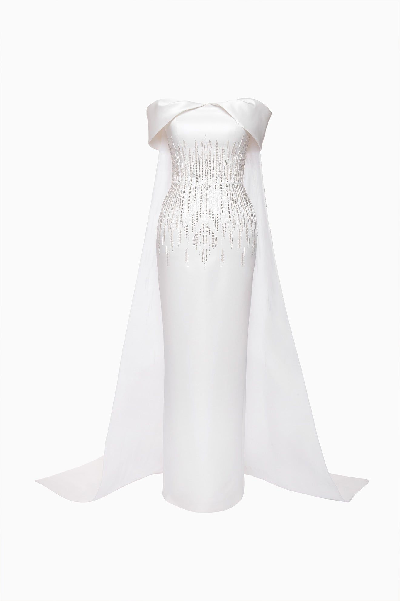 Fitted off-shoulder embellished wedding dress with long cape