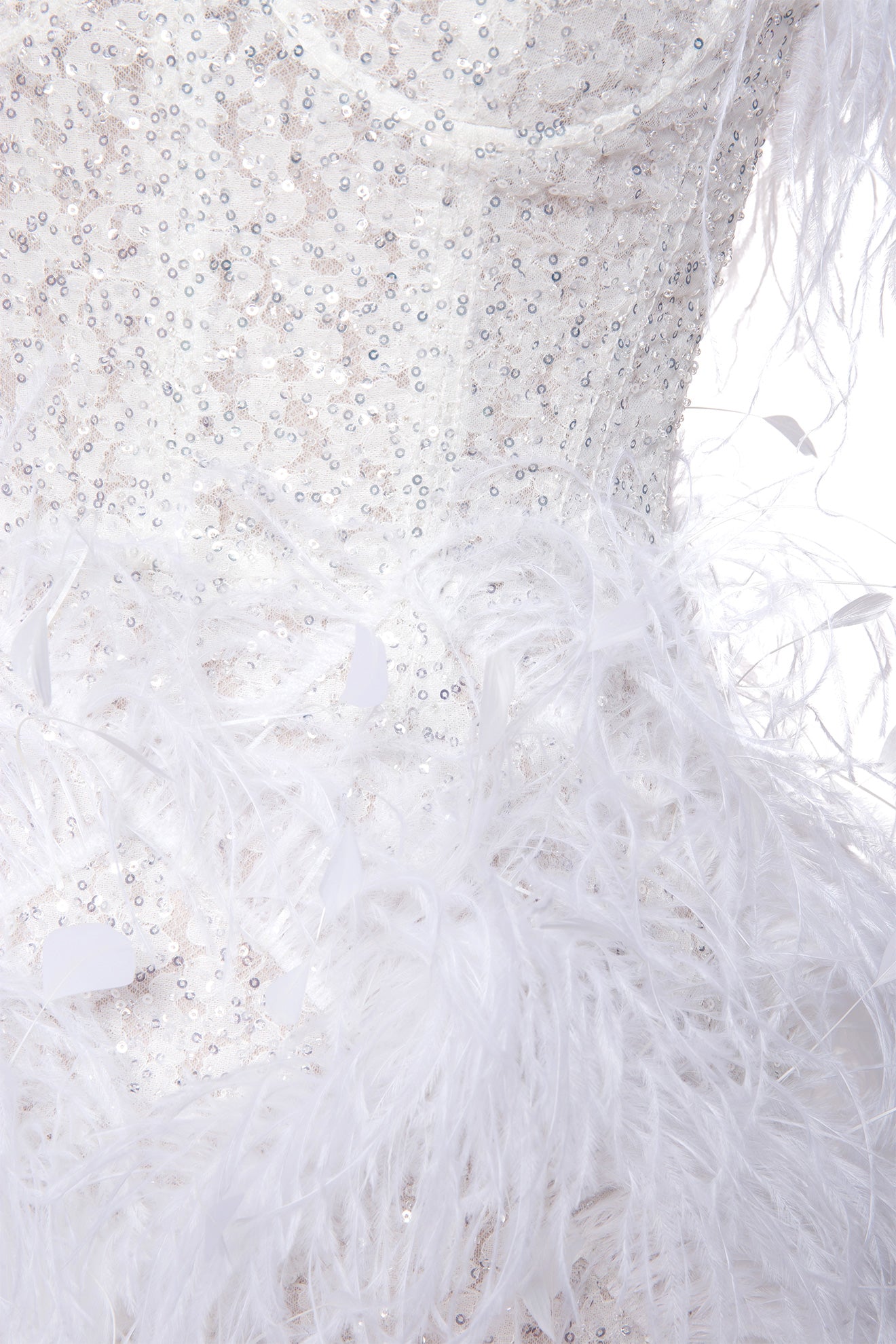 Magnifying T-length wedding dress with feathers and lace embellishments