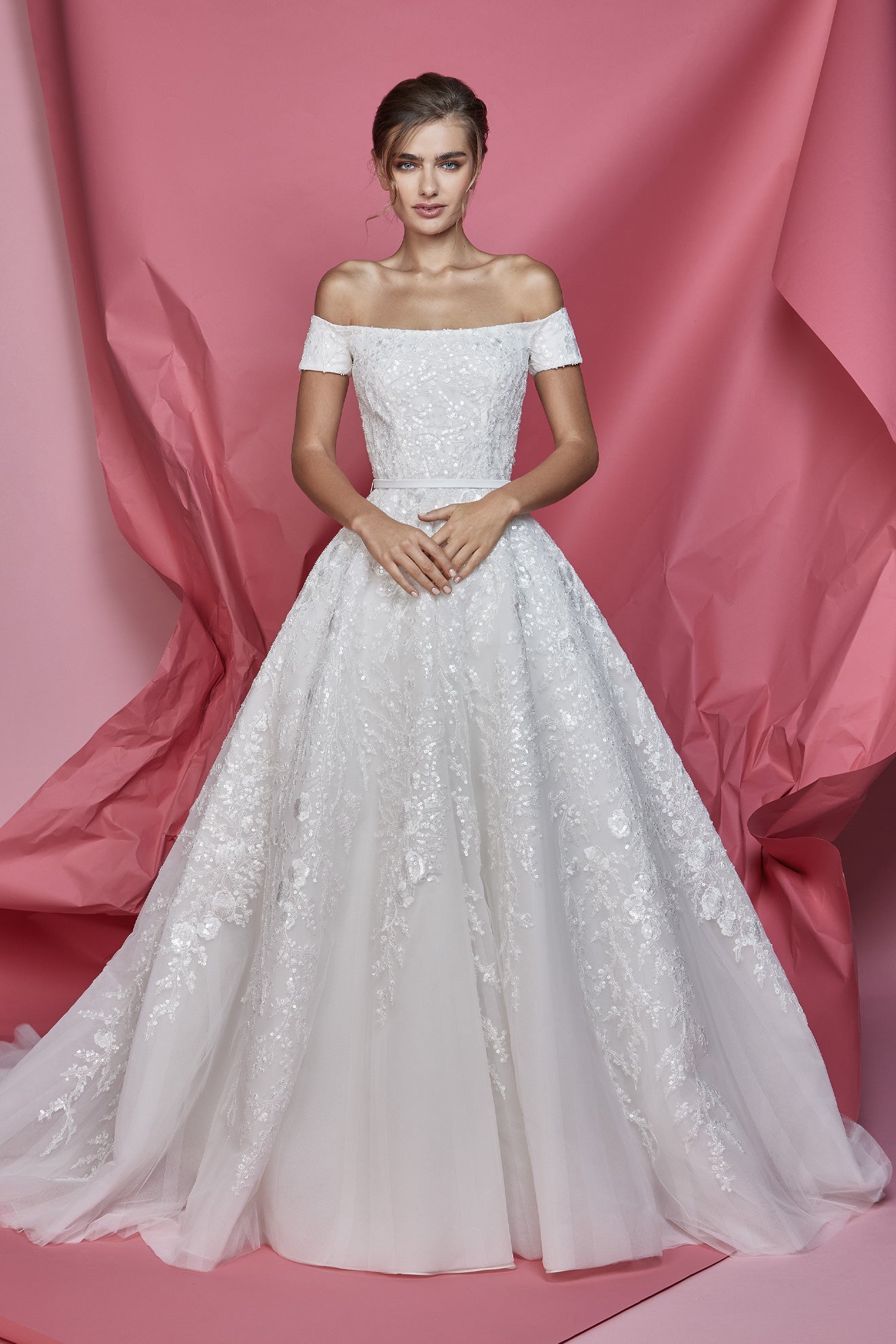 Classy off-shoulders layered tulle wedding dress