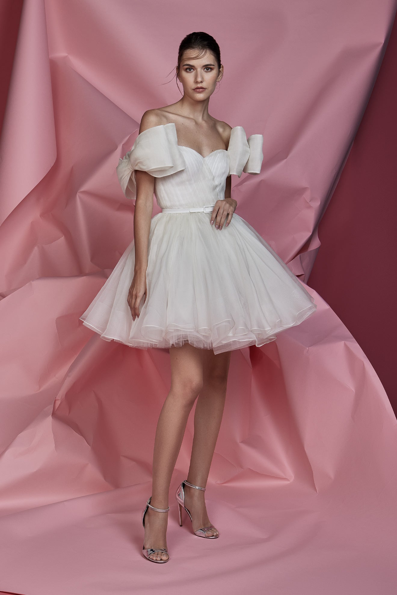 Big volume mini skirt with shoulder bows wedding gown