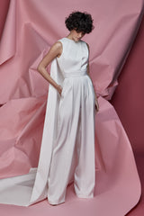Bridal jumpsuit with crepe cap and pleated pants