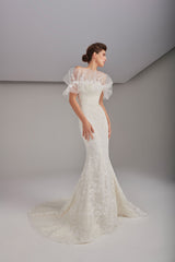 Mermaid fully embellished wedding dress with cascading lace elements