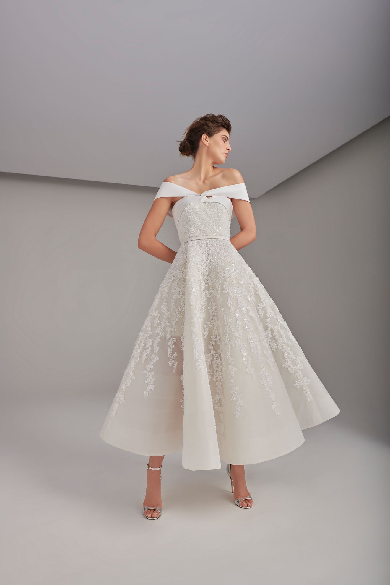Richly embroidered off-shoulder wedding dress with paneled skirt (Sale Richly embroidered off-shoulder wedding dress with paneled skirt (Sale