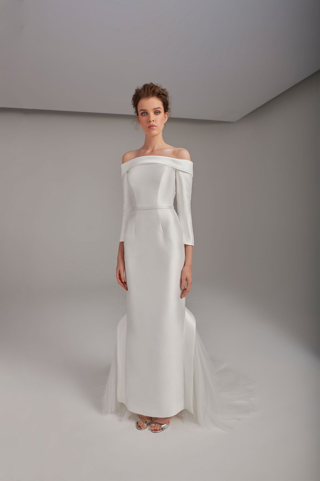 Off-Shoulder Long-Sleeved Tubino Dress With Tulle Train