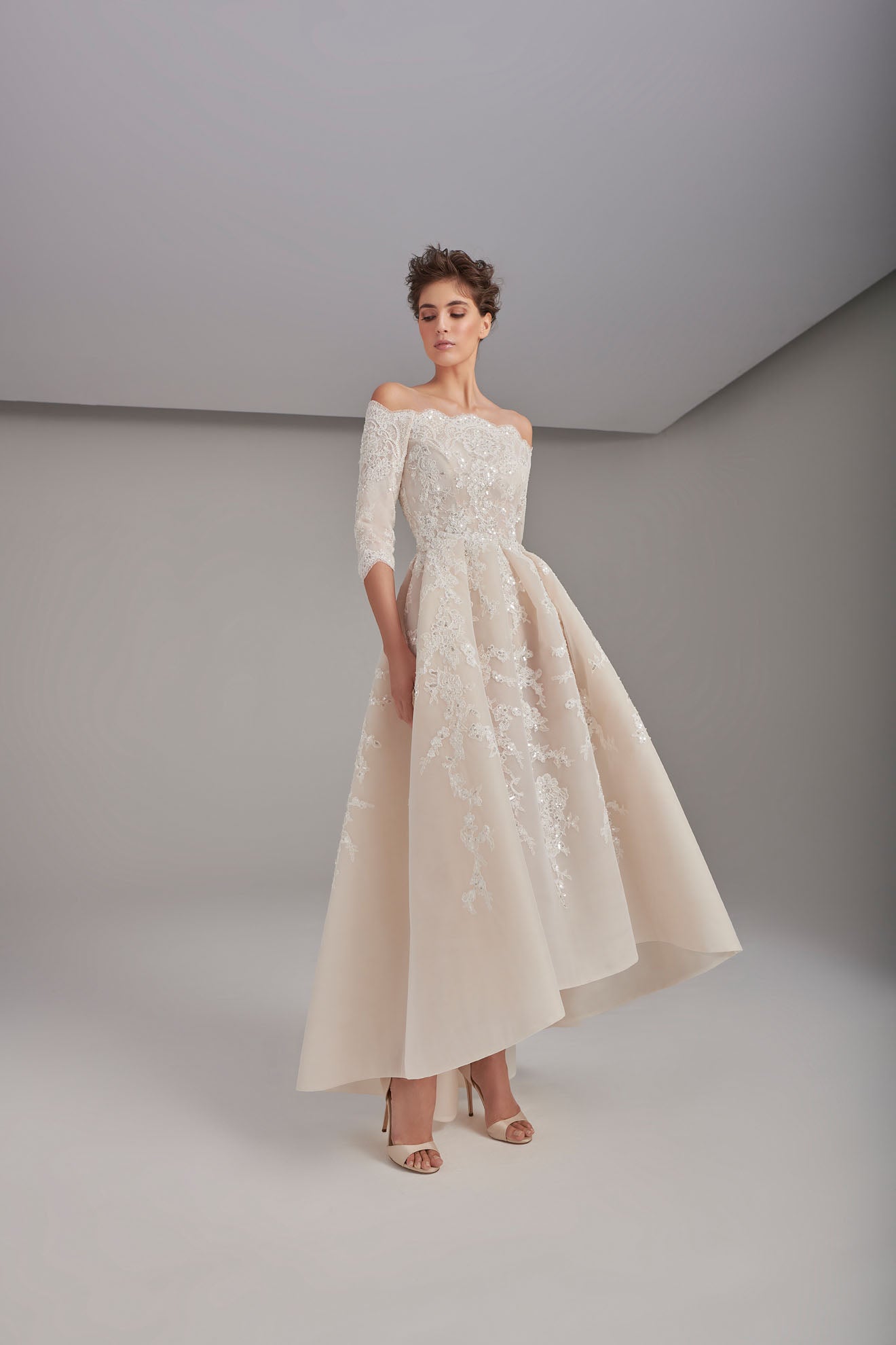 Fully Embroidered Box-Pleated Wedding Dress With Intricate Lace