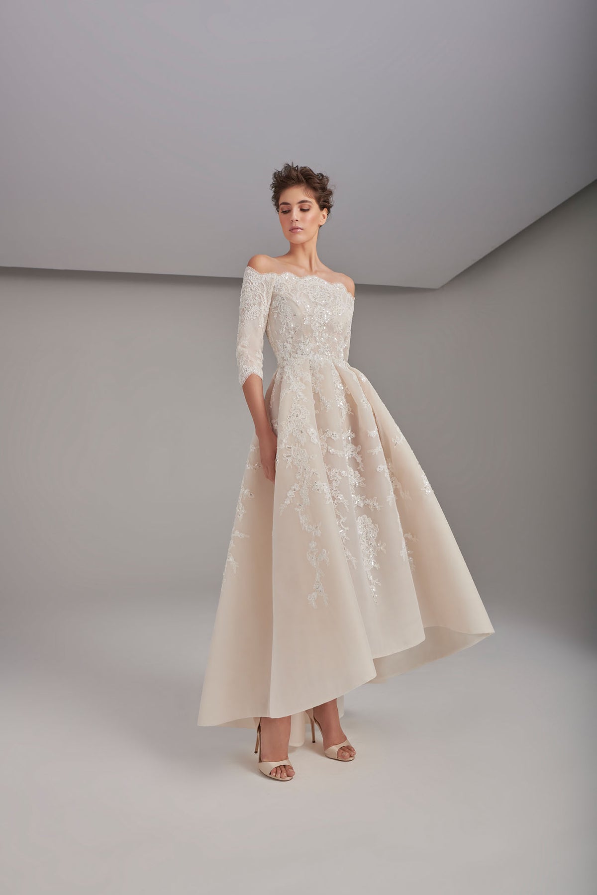 Fully embroidered box-pleated wedding dress with intricate lace (Sale)