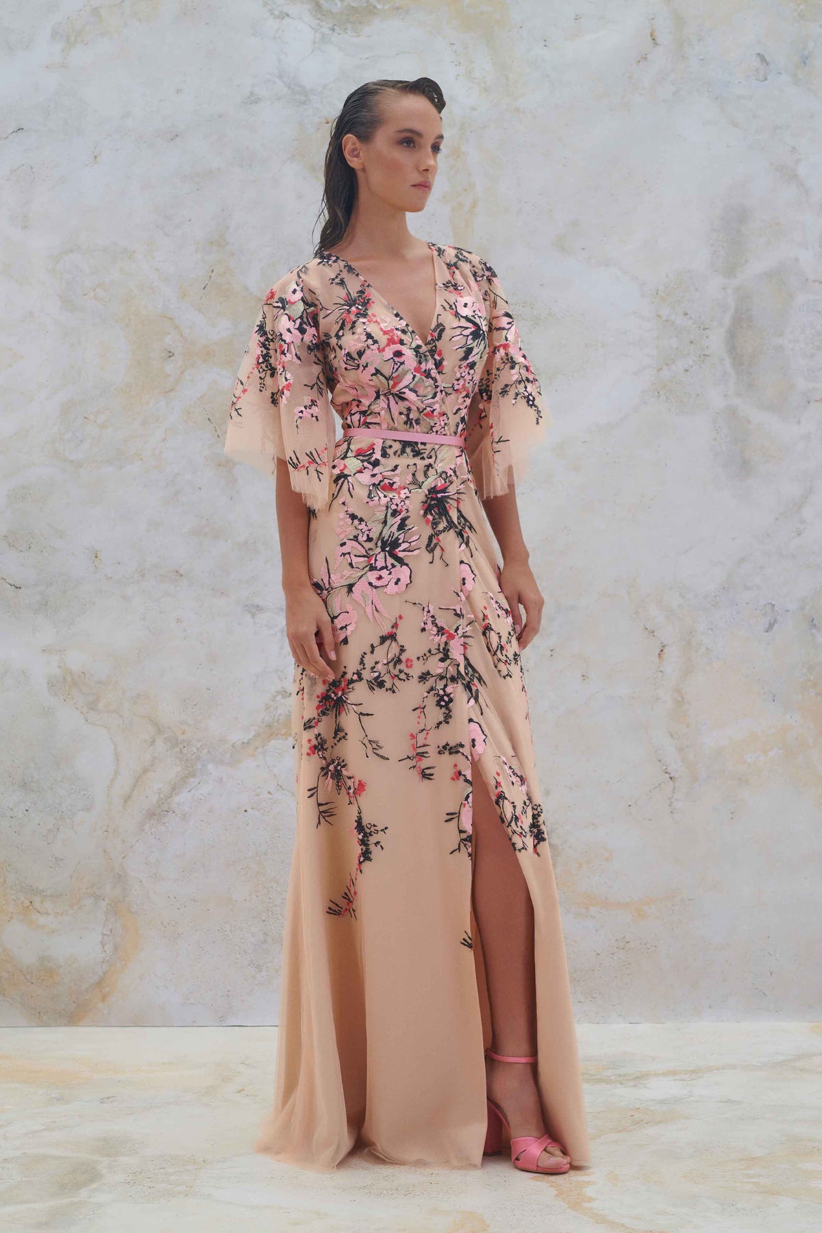 Floral fully embroidered short sleeved side slit dress