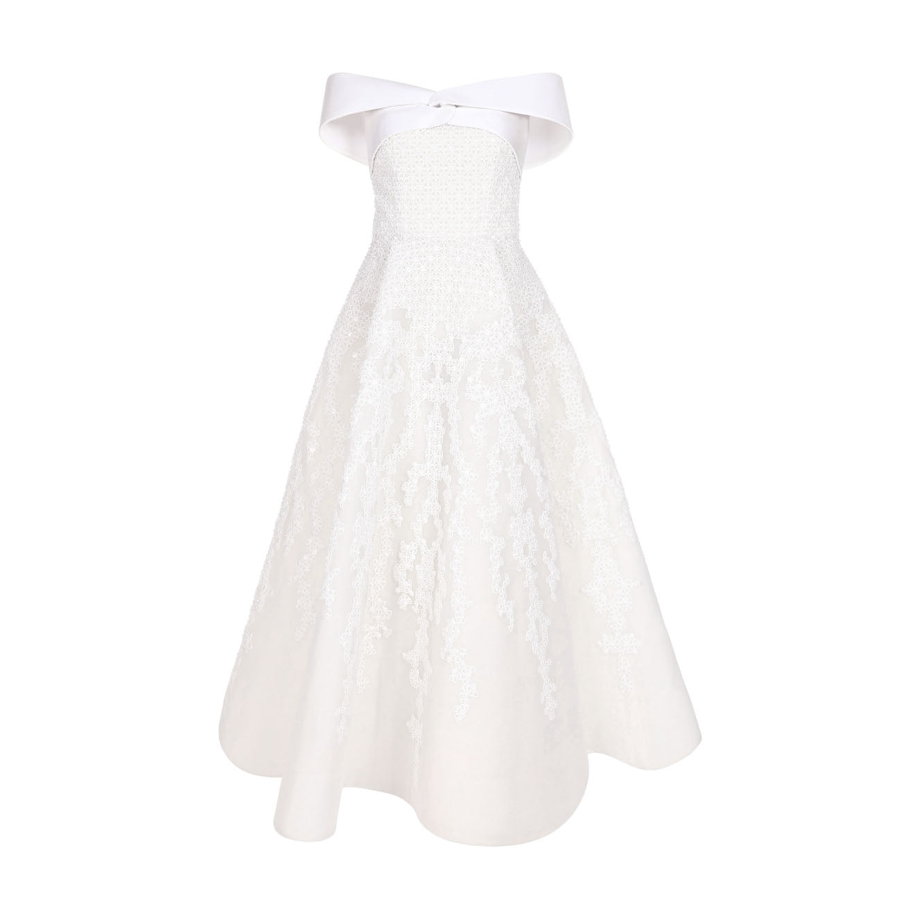 Richly embroidered off-shoulder wedding dress with paneled skirt