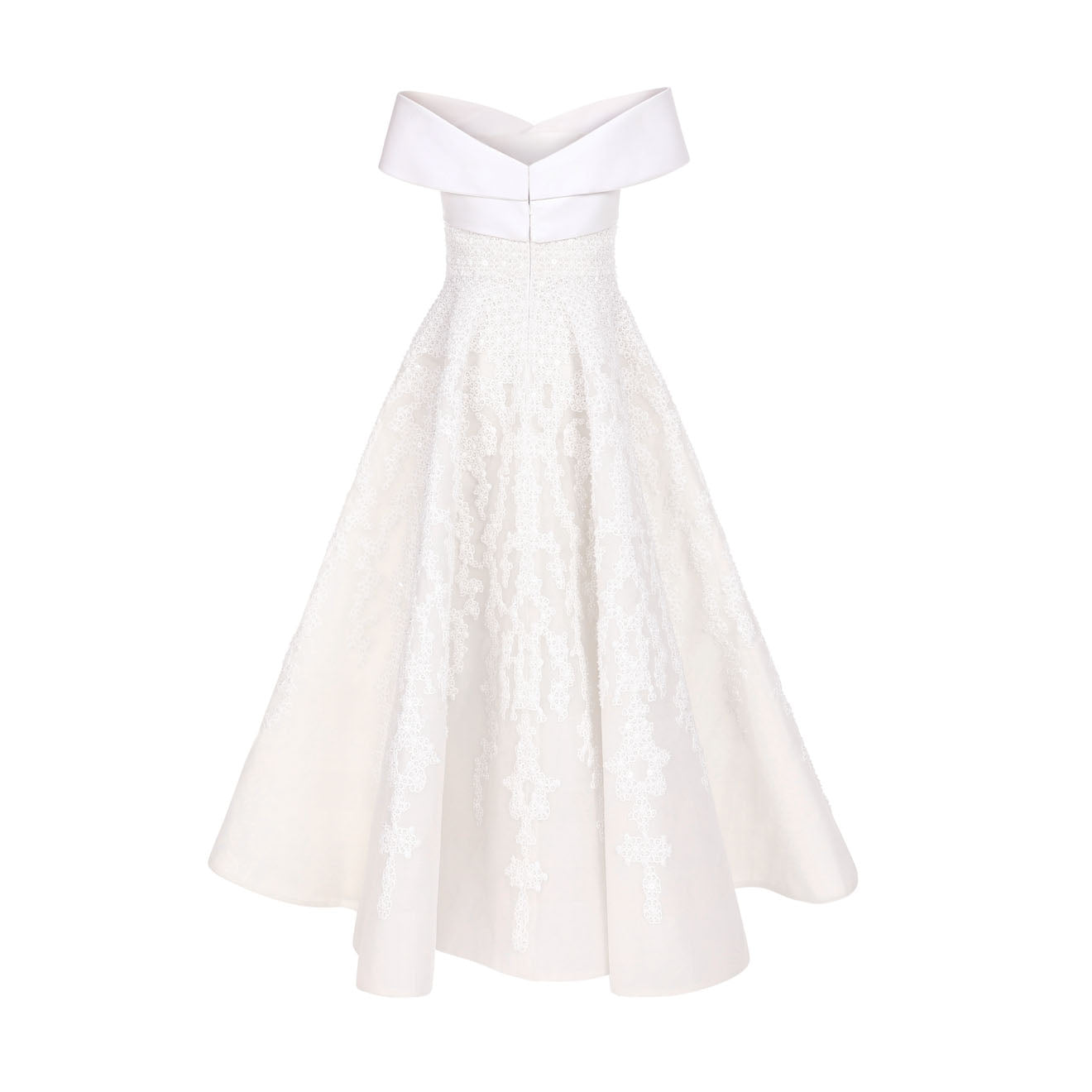 Richly embroidered off-shoulder wedding dress with paneled skirt (Sale)