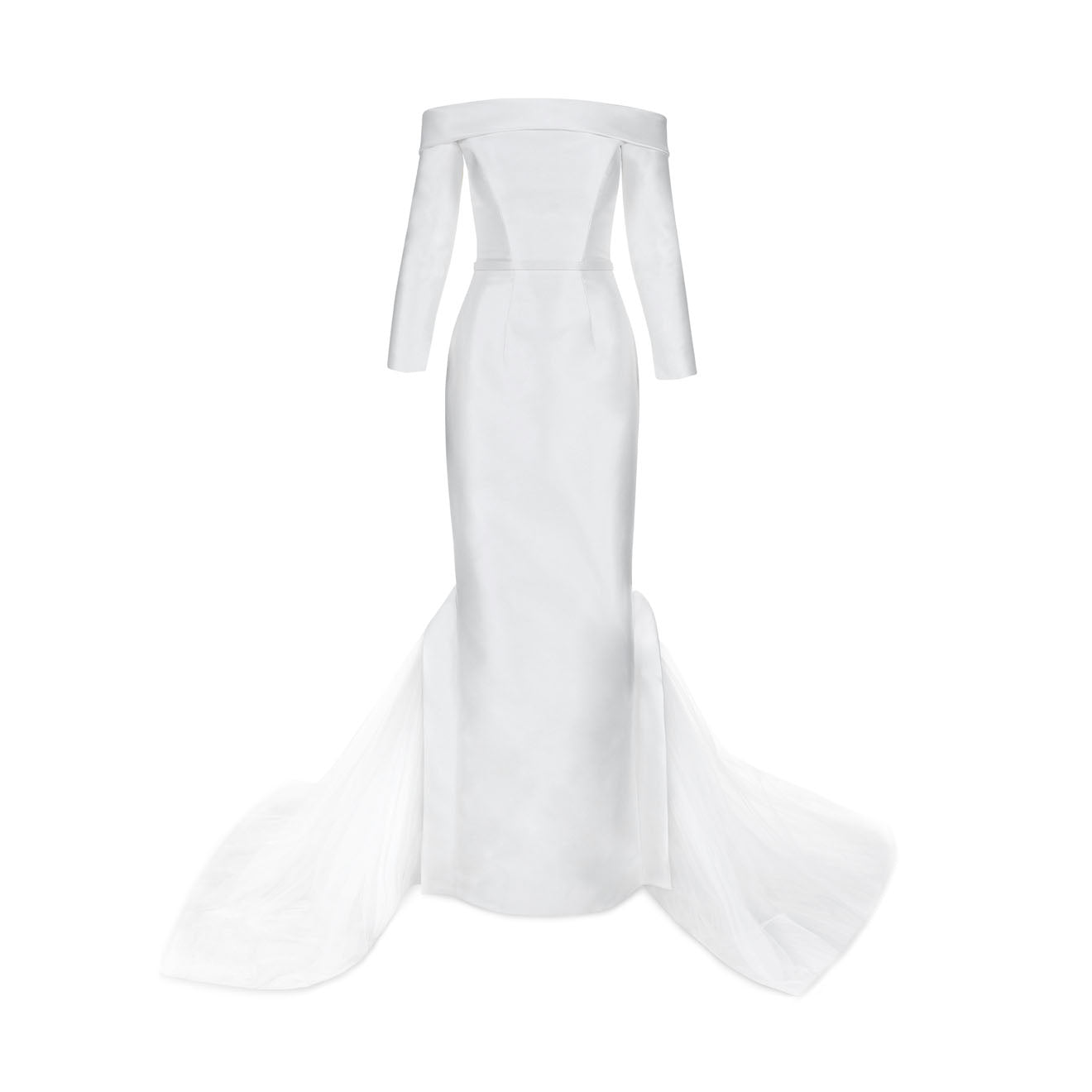 Off-Shoulder Long-Sleeved Tubino Dress With Tulle Train