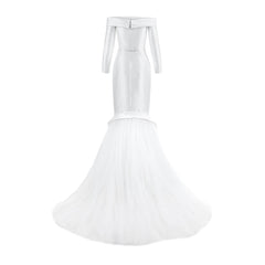 Off-shoulder long-sleeved tubino dress with tulle train