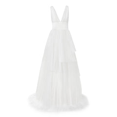 Flowy V-neckline layered tulle wedding gown