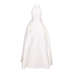 Asymmetrical halter neck wedding dress with floral waistband