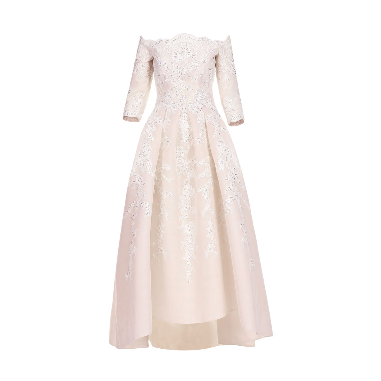 Fully embroidered box-pleated wedding dress with intricate lace