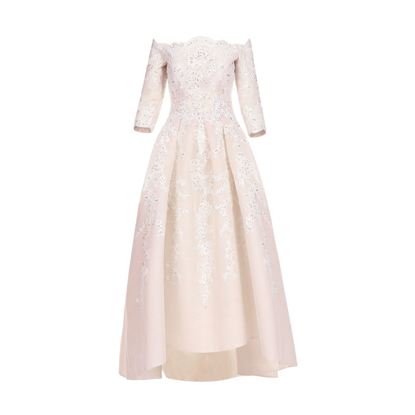Fully Embroidered Box-Pleated Wedding Dress With Intricate Lace