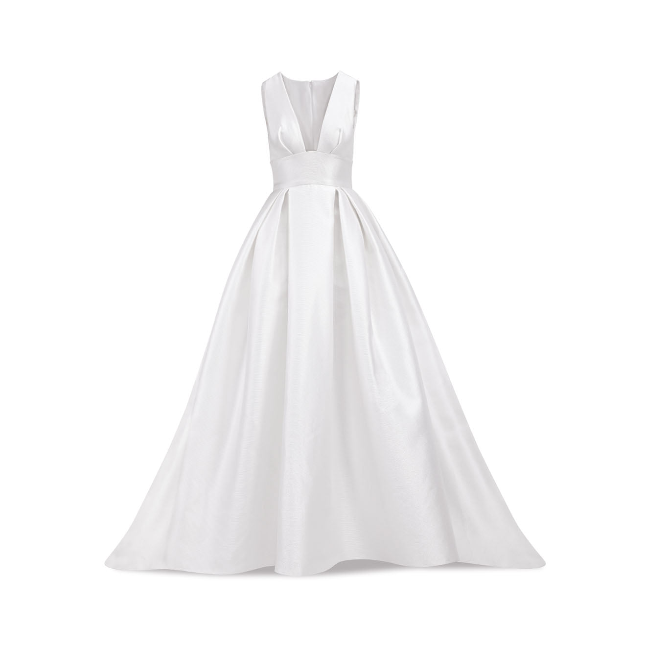 Silky V-neckline box-pleated wedding gown with long train – Ramialali