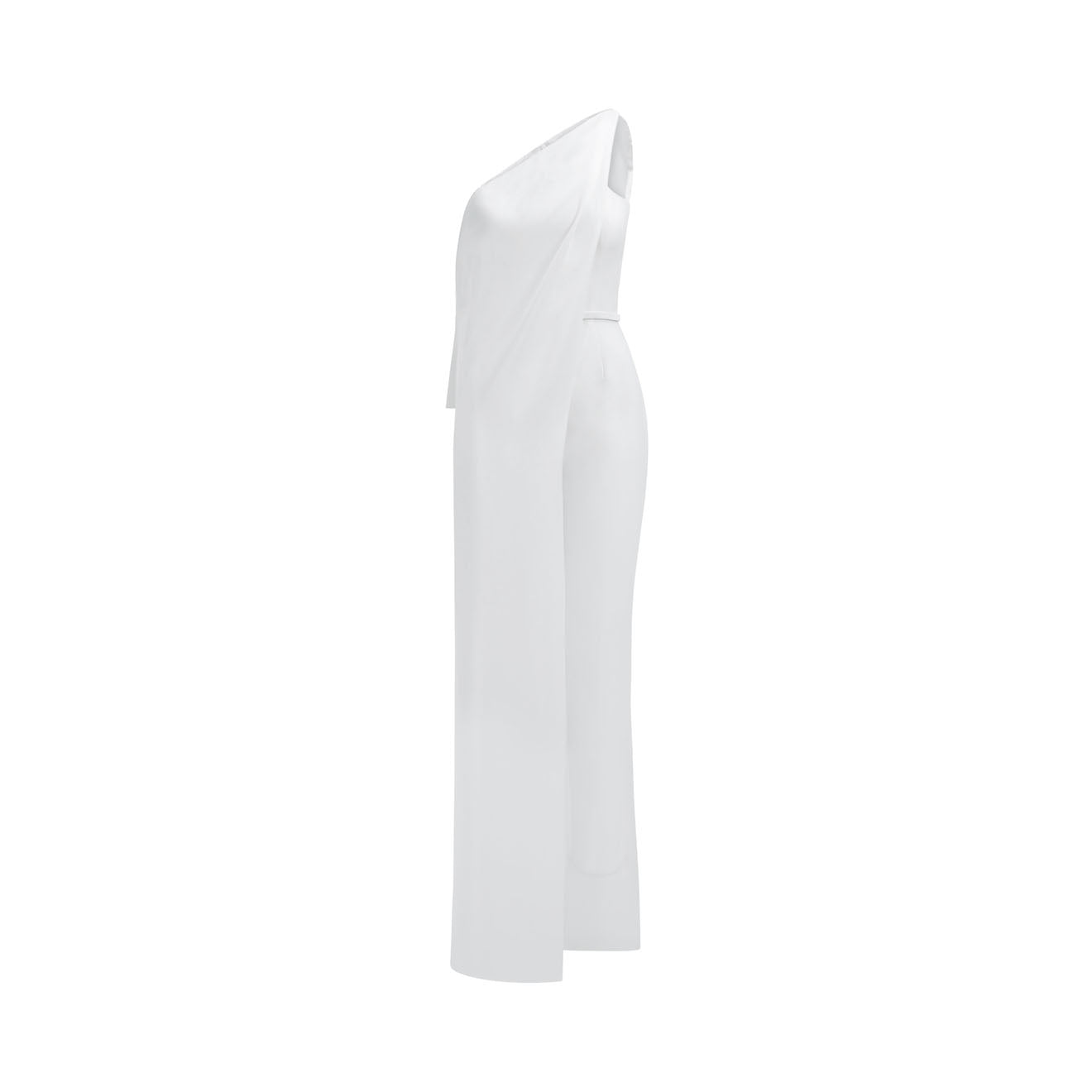 Asymmetrical single shoulder jumpsuit with white cape