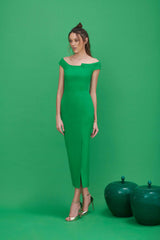 Simple fitted dress with boat neckline and side slit