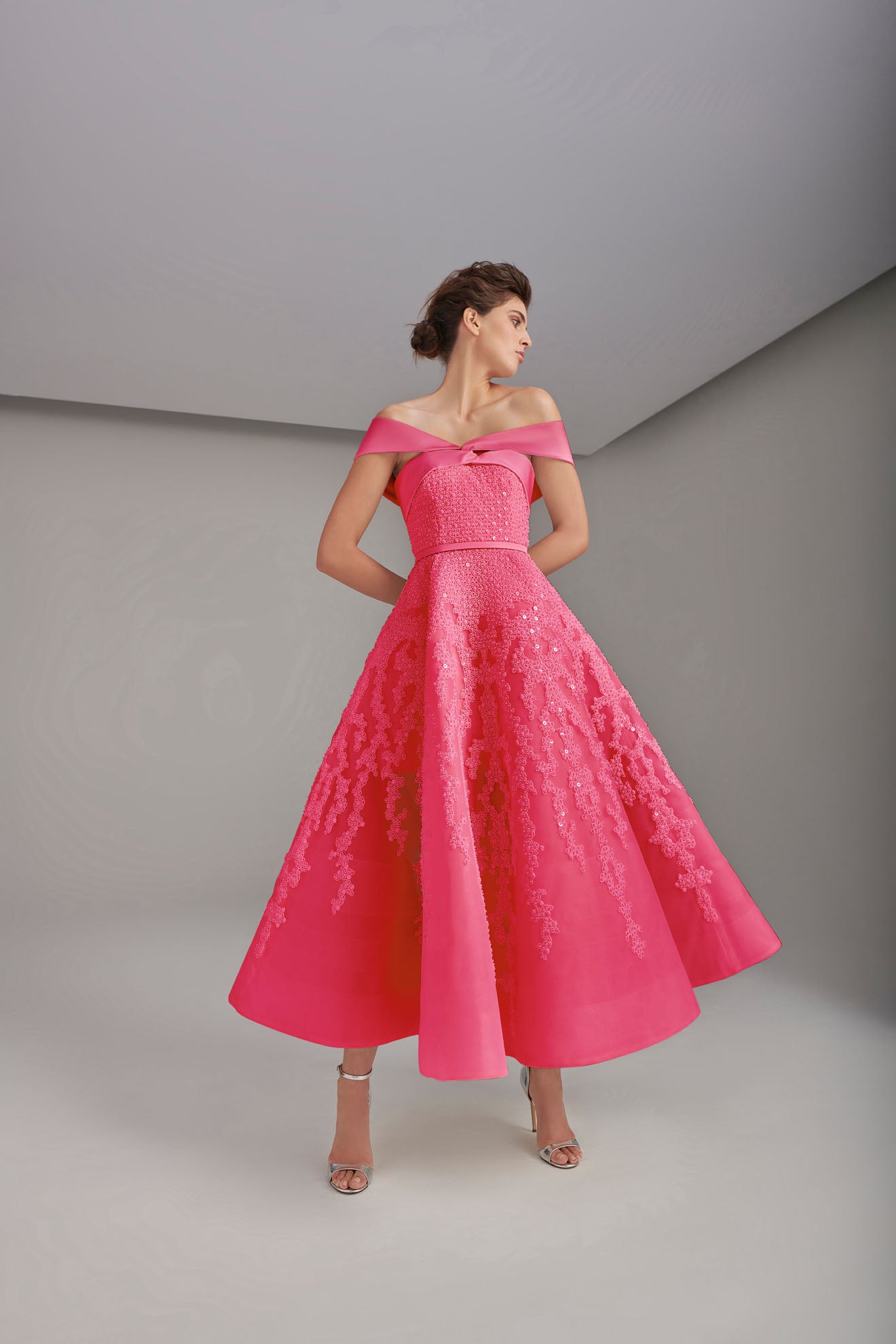 Richly Embroidered Off-Shoulder Wedding Dress With Paneled Skirt