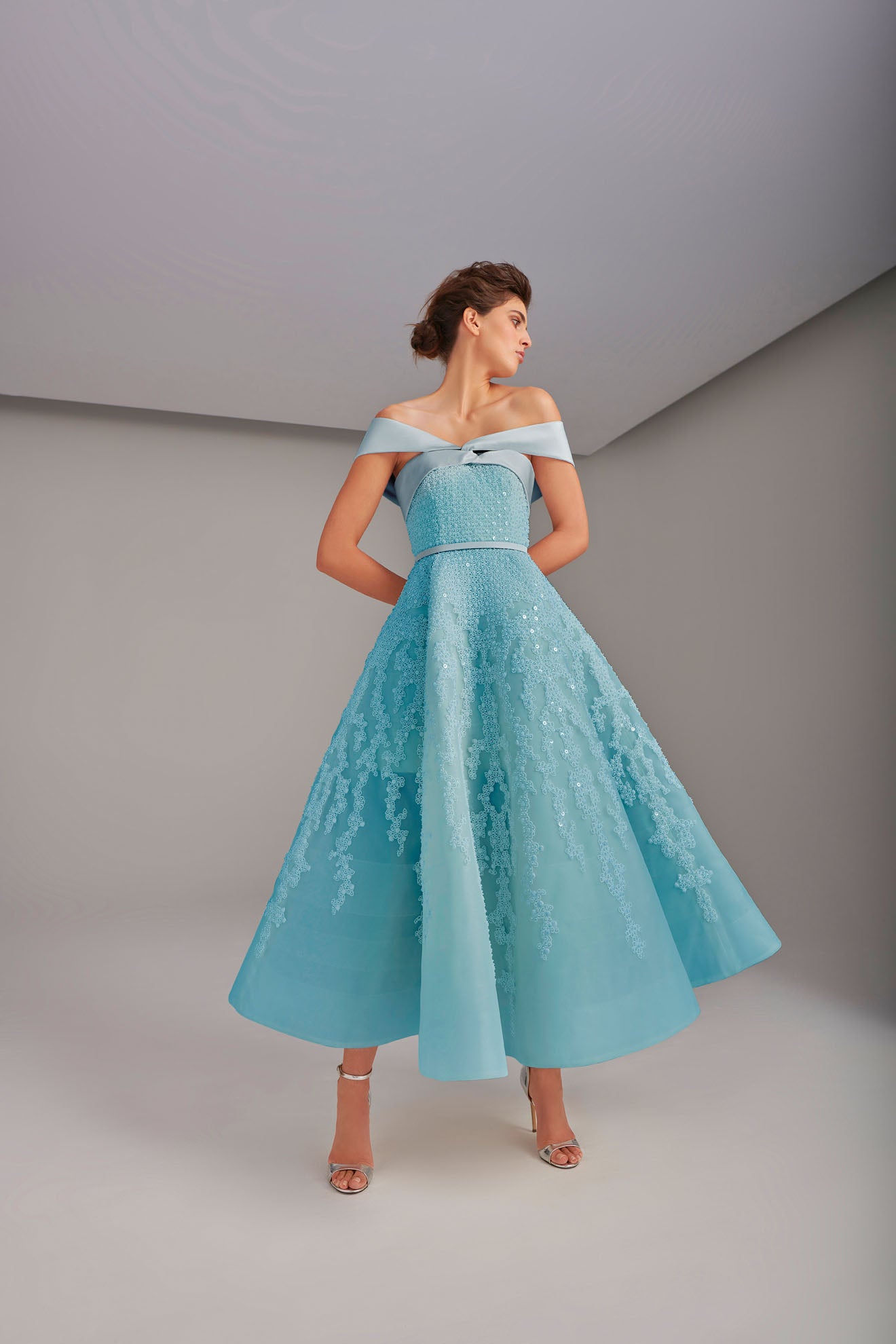Richly Embroidered Off-Shoulder Wedding Dress With Paneled Skirt